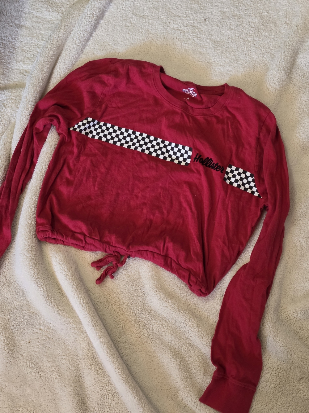 Hollister Red Long-Sleeve Cropped Drawstring Top with Checkerboard Accent
